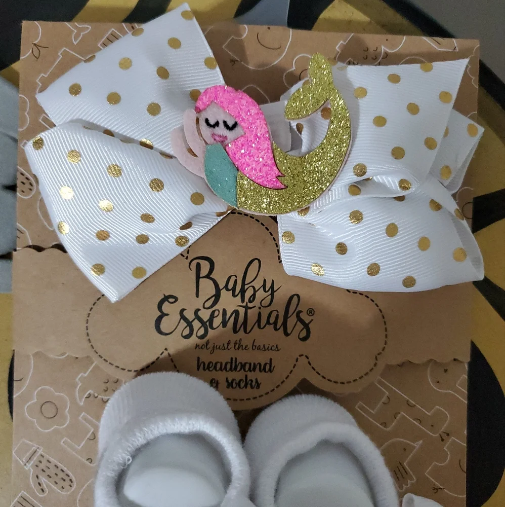 New Baby essentials white and pink mermaid sock booties and hair bow set